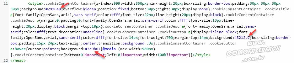 Inserindo o código de aparência CSS na header do site para colocar botão popup de cookies.