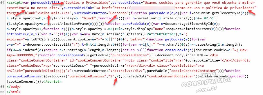 Inserindo código de popup cookies no footer do site.