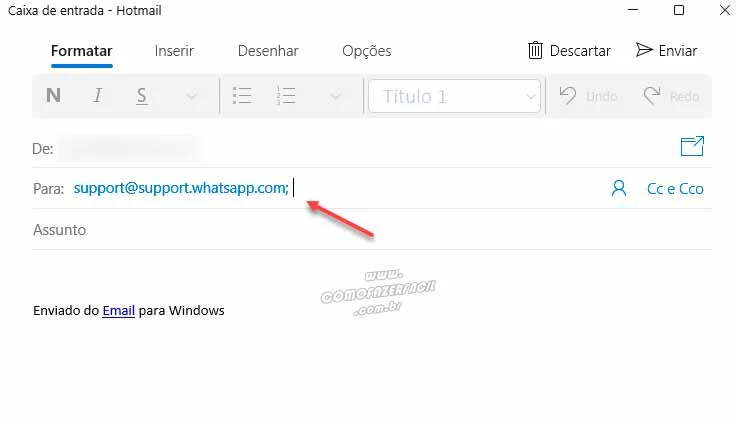 Como entrar em contato com o WhatsApp pelo email oficial do suporte.
