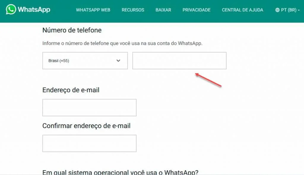 Entrando em contato com o suporte do WhatsApp pelo formulário do site oficial.