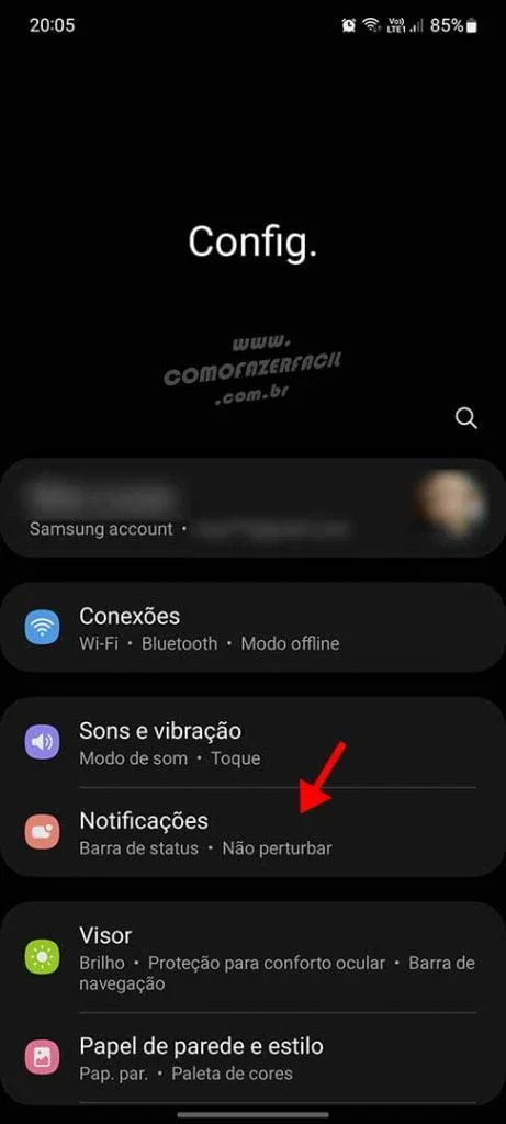 Acessando as notificações do celular Samsung para ativar borda em led.