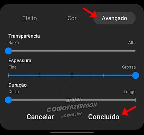Configurações avançadas dos efeitos de notificações na tela dos celulares Samsung.