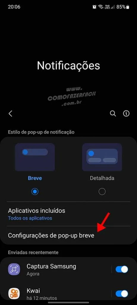 Configurações de pop up breve para iluminar borda da tela celular Samsung.