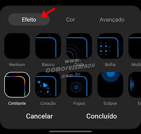 Efeitos de luzes na borda da tela dos celulares Samsung.