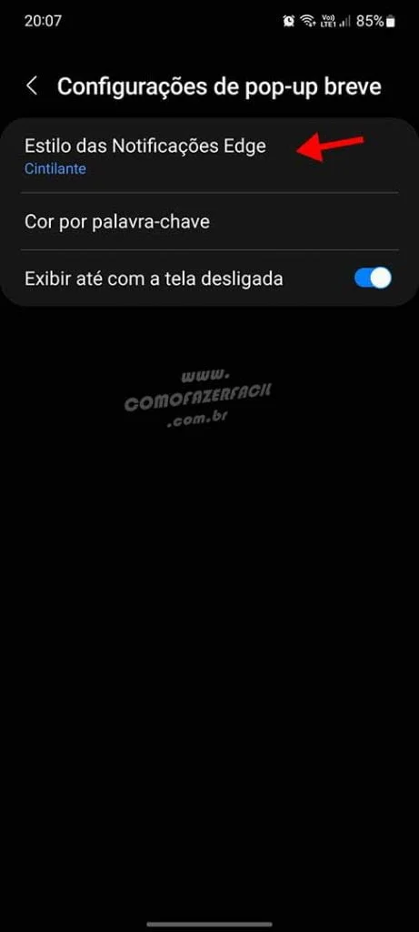 Estilo das notificações Edge da borda da tela em LED no celular.