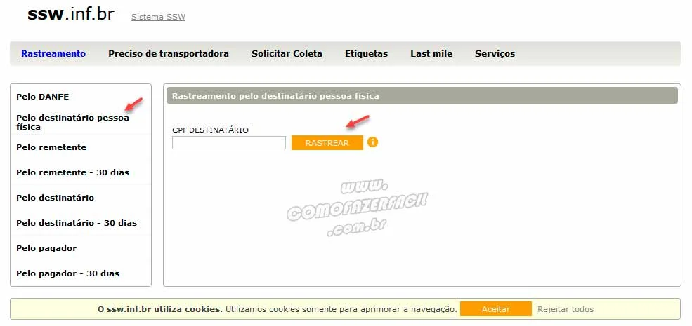 Rastreio de compras da loja MadeiraMadeira por CPF no SSW.