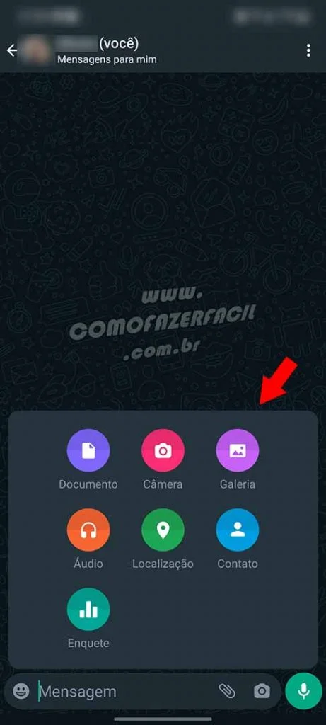Opções de mensagens para enviar para mim mesmo no WhatsApp.