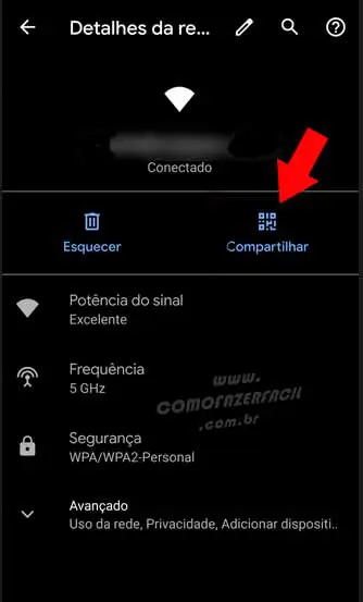 Clicando em compartilhar wifi para descobrir senha em celular Android.