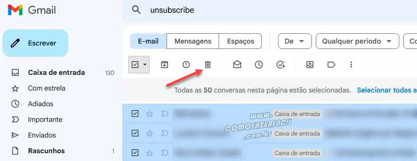 Excluindo emails unsubscribe do Gmail para liberar espaço.