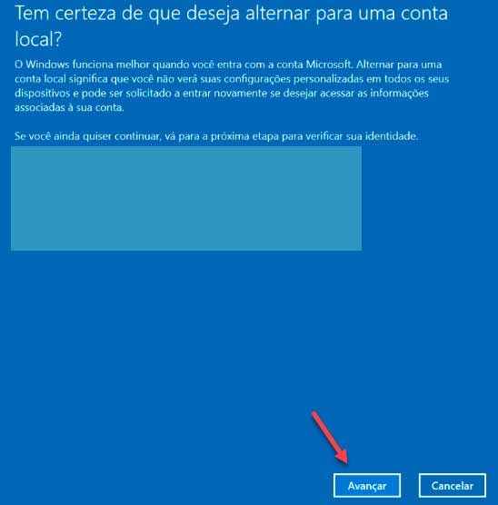 Alternando para conta local no Windows 10 para retirar senha de login.