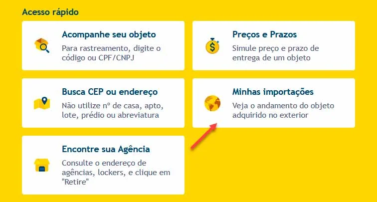 Localizando compras internacionais nos Correios para pagar a taxa de entrega.