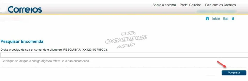 Pesquisando compras internacionais no site dos Correios.