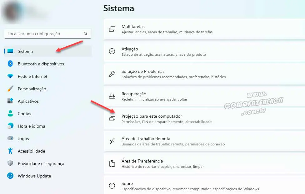 Acessando as configurações de projeção do computador.