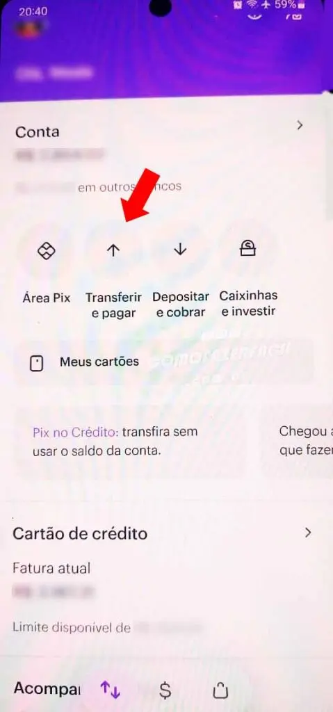 Acessando o menu correto para fazer recarga de celular no Nubank.