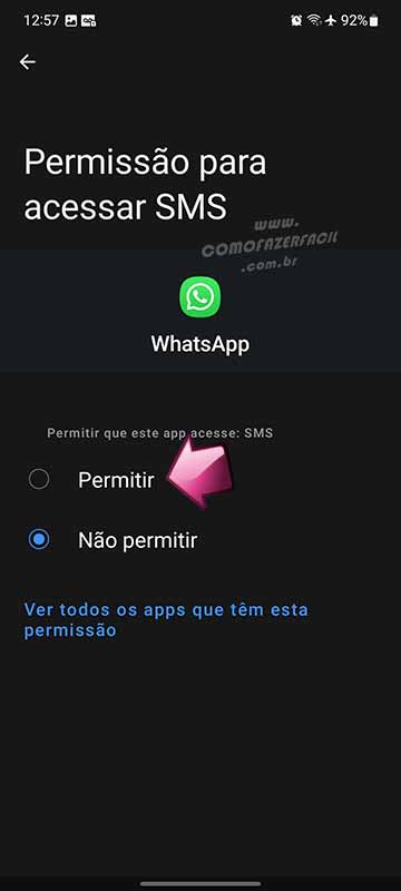 Permitindo as configurações de SMS do WhatsApp para receber o código de ativação.