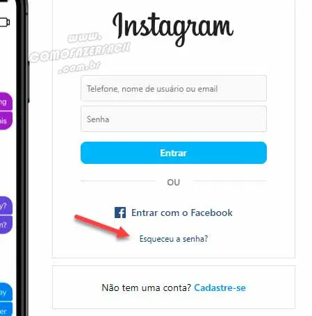 Clicando em esqueceu a senha para recuperar o Instagram.