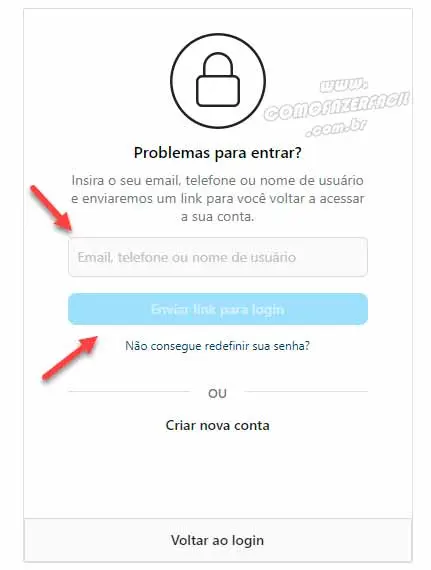 Digitando os dados para recuperar senha do Instagram no computador.