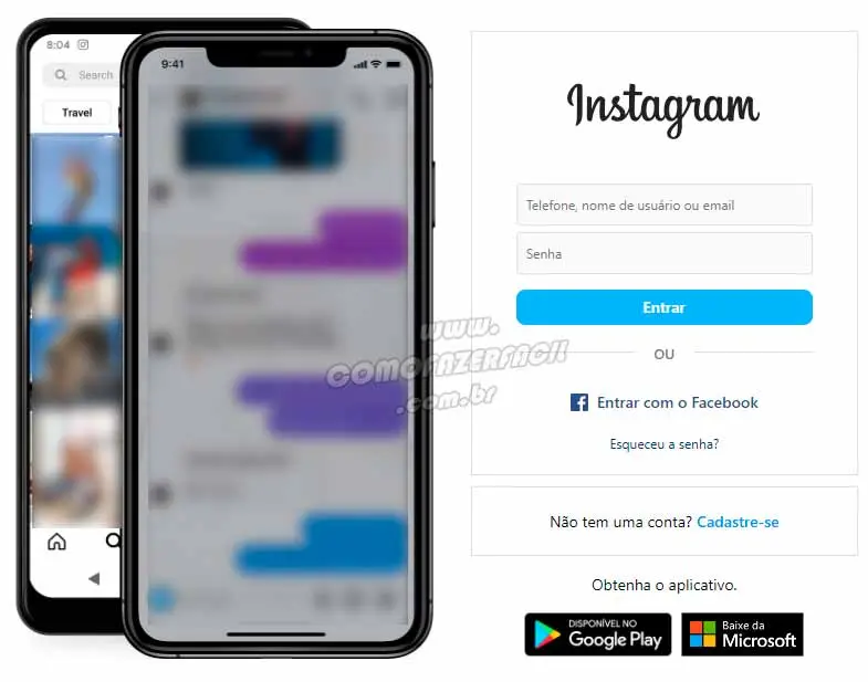 Tela de login do Instagram para recuperar senha no computador.