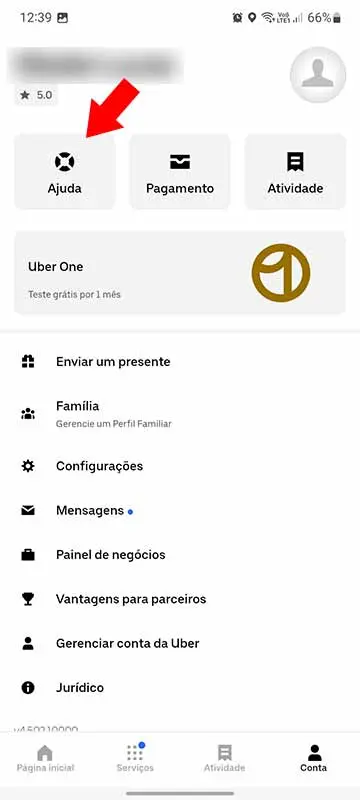 Clicando no menu de ajuda para denunciar motorista do Uber.