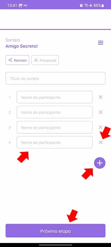inserindo o nome dos participantes, aumentando ou diminuindo o número dos participantes e indo para a etapa do sorteio.