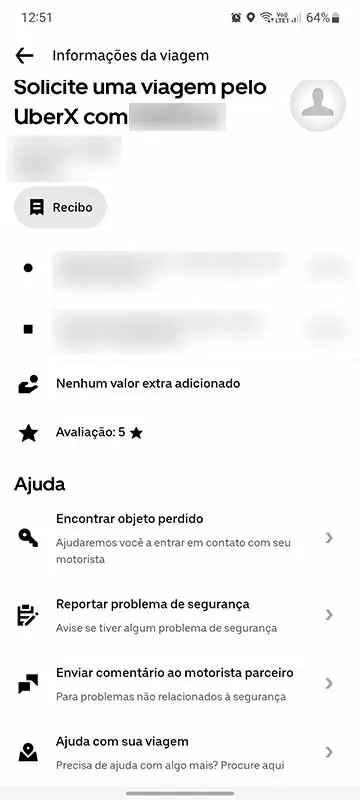 Menu de informações sobre a viagem de Uber.