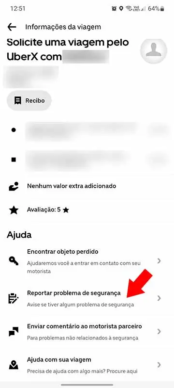 Reportar problema de segurança ao fazer denuncia no Uber.