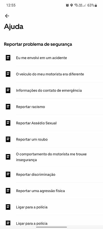 Tipos de denuncias que podem ser feitas no Uber.