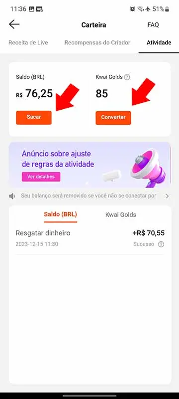 Sacando ou convertendo os Kwai Golds.