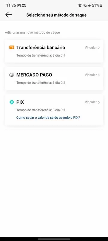 Selecionando a forma de pagamento do dinheiro do Kwai.