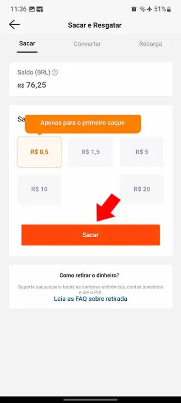 Selecionando valor desejado para saque no Kwai.