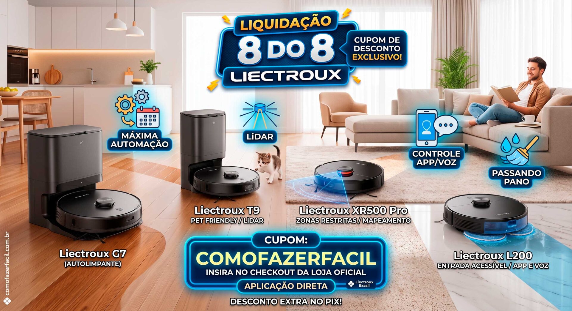 Liquidação 8 do 8 Liectroux: Cupom de Desconto COMOFAZERFACIL