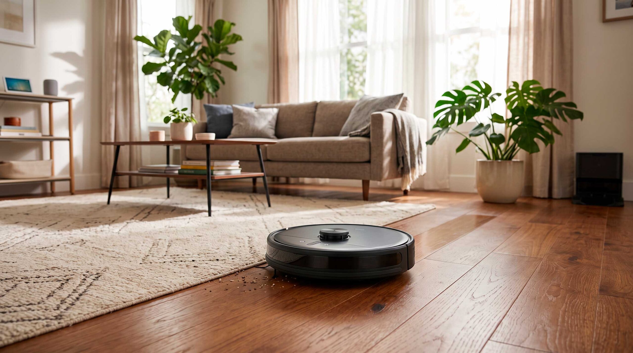 Robô aspirador limpando a sala, ideal para aproveitar as promoções e cupons da Black Friday.